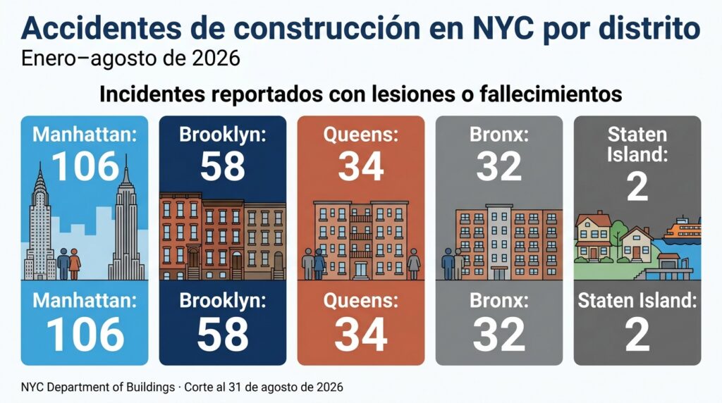 Accidentes de construcción en NYC hasta agosto de 2026: Manhattan 106, Brooklyn 58, Queens 34, Bronx 32 y Staten Island 2.