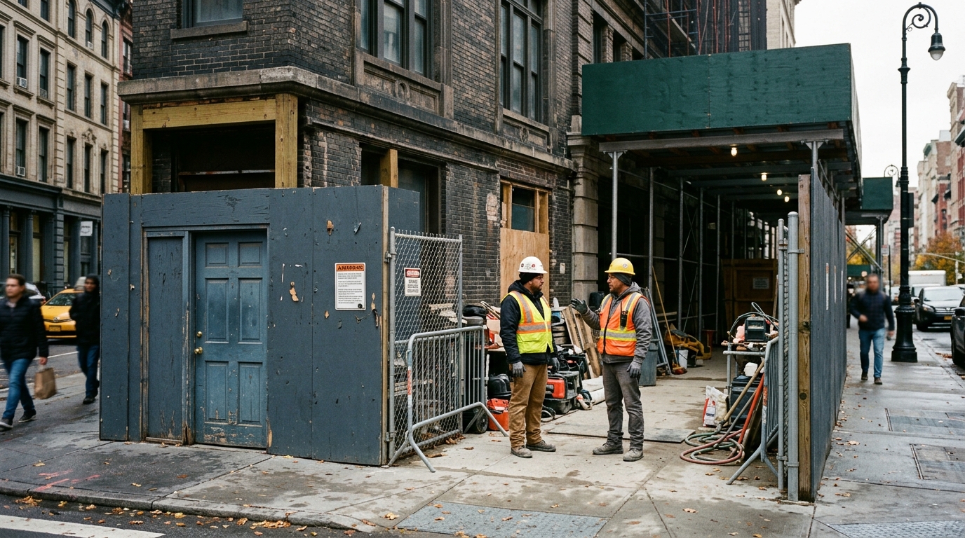 Entrada delimitada de una obra urbana, ilustrando el contexto de los accidentes de construcción en NYC.