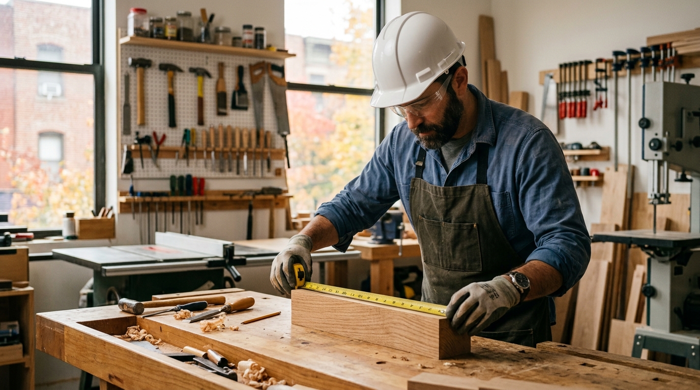 Carpintero mide una pieza de madera en un taller de Queens, como ejemplo de los trabajadores de construcción.