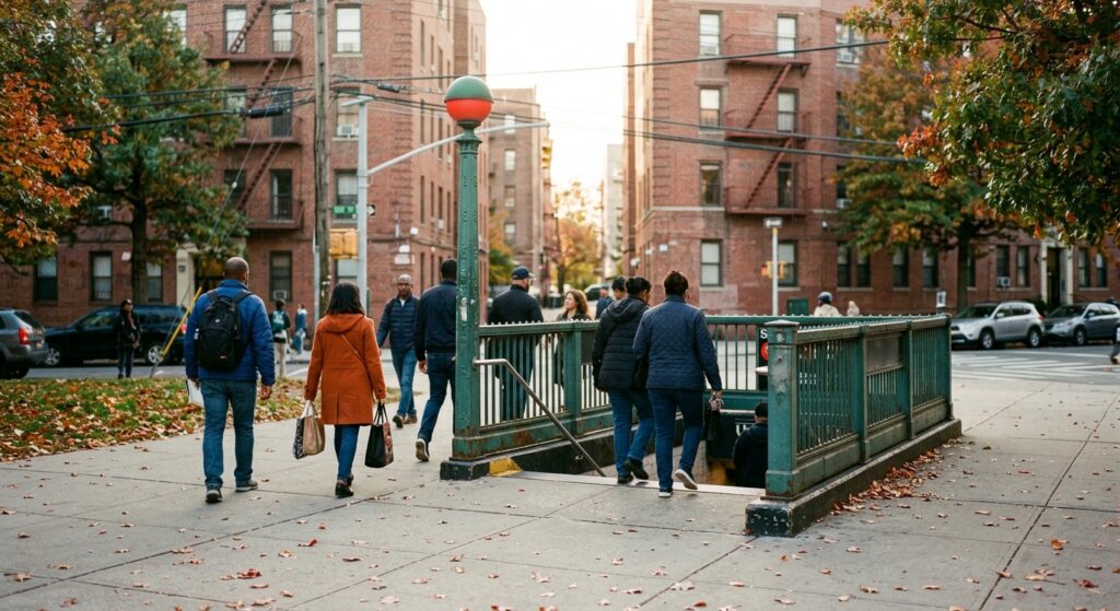 Personas caminan hacia una entrada del metro en Queens, ilustrando el Mes de la Seguridad Peatonal.